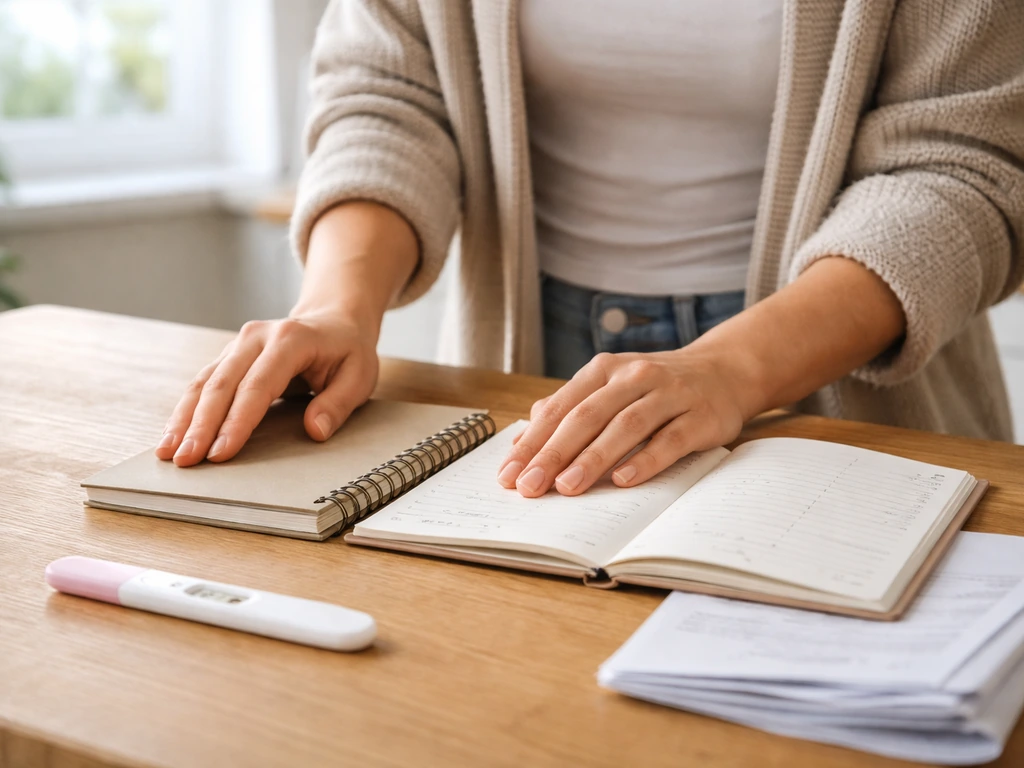 Table de cuisine avec test de grossesse, carnet et agenda ouverts, documents médicaux à côté