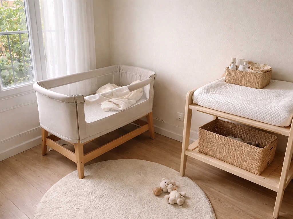 Coin bébé calme : berceau ou lit cododo, table à langer et rangements visibles, sans personnes.
