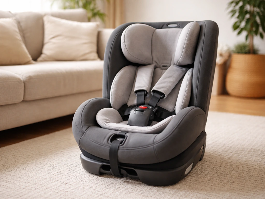 Siège auto i-Size ECE R129 prêt à l’usage, posé dans un salon lumineux, sans personne.