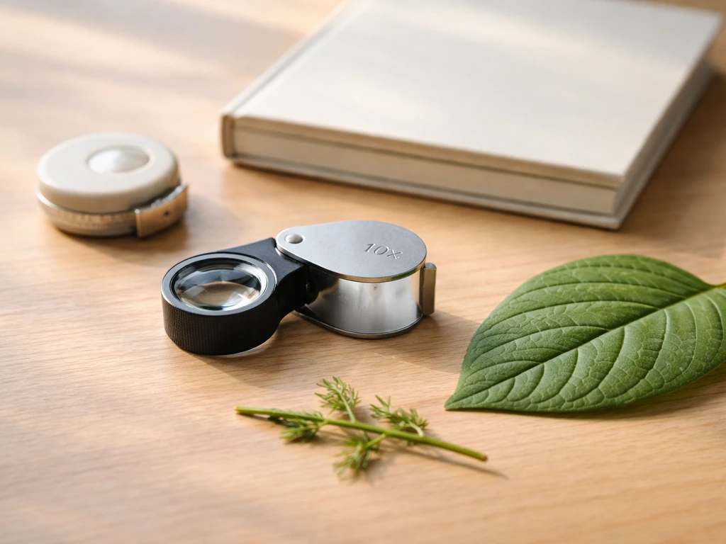 Loupe de poche et mètre ruban posés près d’une feuille et d’un échantillon de plante pour observer les détails.