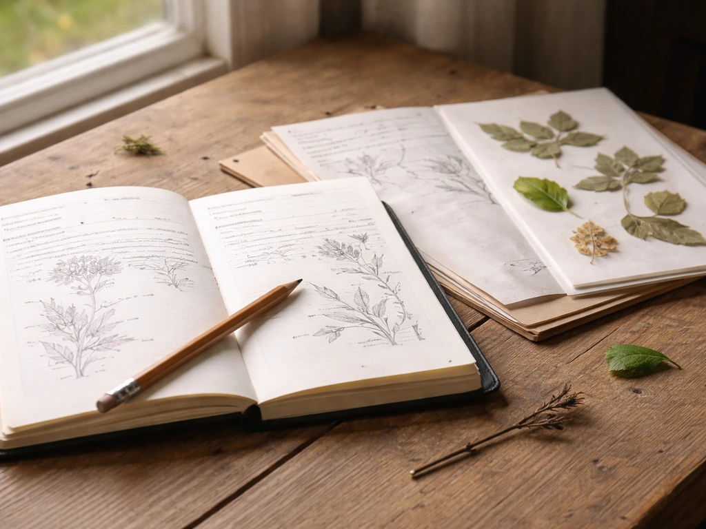 Carnet de terrain ouvert avec fiches d’observation et mini-herbier de feuilles séchées sur une table en bois.