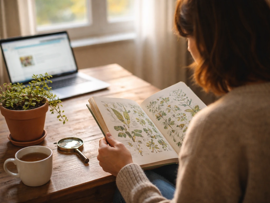 Personne anonyme consultant un livre de botanique, ordinateur avec page web floue, ambiance d’apprentissage collectif.