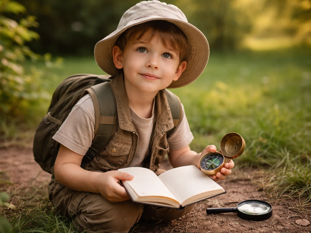 Un enfant explorateur en herbe dans un parc, avec carnet, boussole et loupe, ambiance pédagogique.