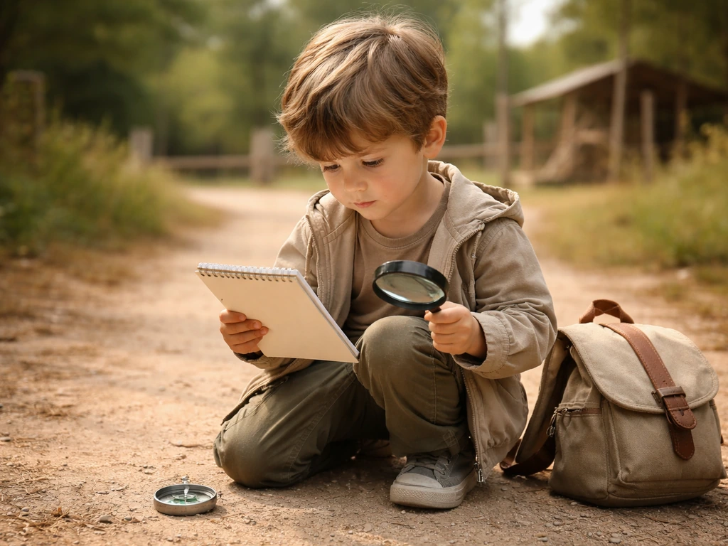 Petit garçon de 4 ans explorant avec carnet et loupe dans un décor nature pédagogique, style photo réaliste.