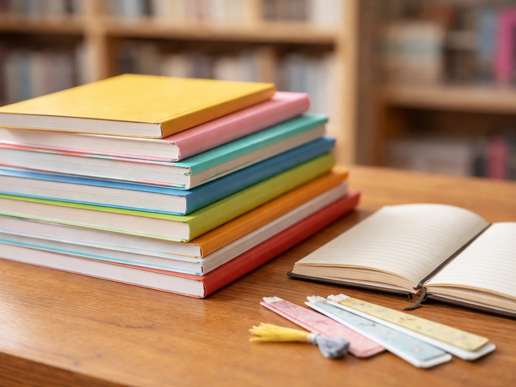 Pile de livres et cahiers d’activités sur un comptoir de librairie, avec marque-pages et carnet prêt à l’emploi.