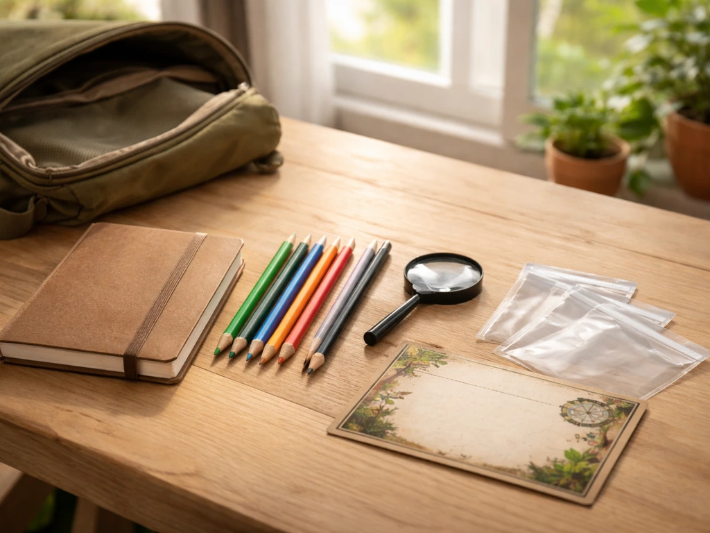 Kit de démarrage posé sur une table : carnet, crayons, loupe et petits sachets dans un sac ouvert.