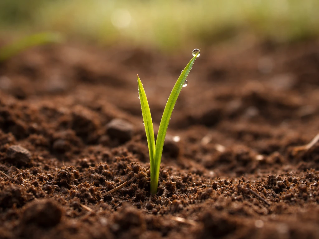 Gros plan sur une jeune pousse d’herbe verte avec rosée, symbole de croissance et début de “carrière en herbe”.