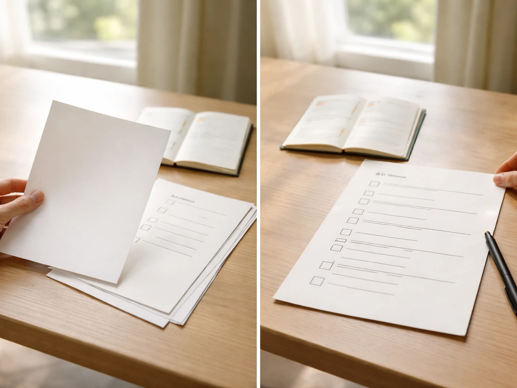 Deux feuilles sur une table : à gauche un essai court, à droite un plan d’engagement, main anonyme et calendrier.