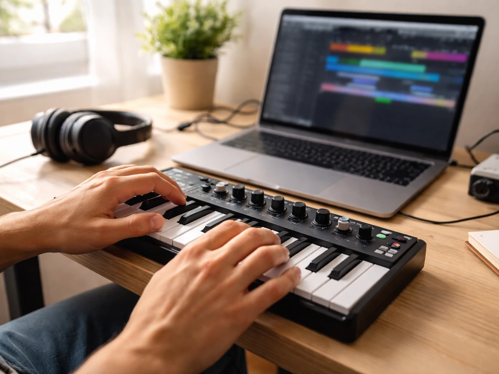 Mains sur un clavier près d’un ordinateur portable, ambiance studio minimal pour créer ses premières musiques.
