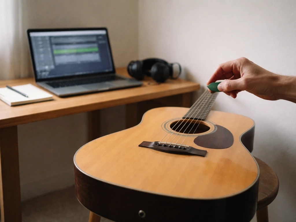 Musicien anonyme devant un ordinateur et une guitare, environnement de travail simple symbolisant l’organisation et le t