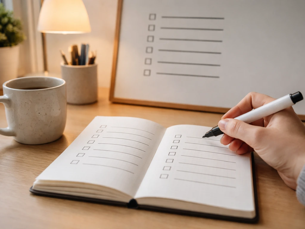 Bureau avec ardoise et carnet vierges suggérant un mini-test des 5 axes, main tenant un feutre.