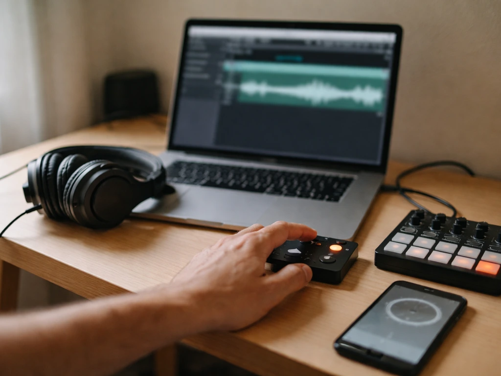 Main lance l’enregistrement sur une DAW, casque sur le bureau, bureau studio minimal avec minuteur flou.