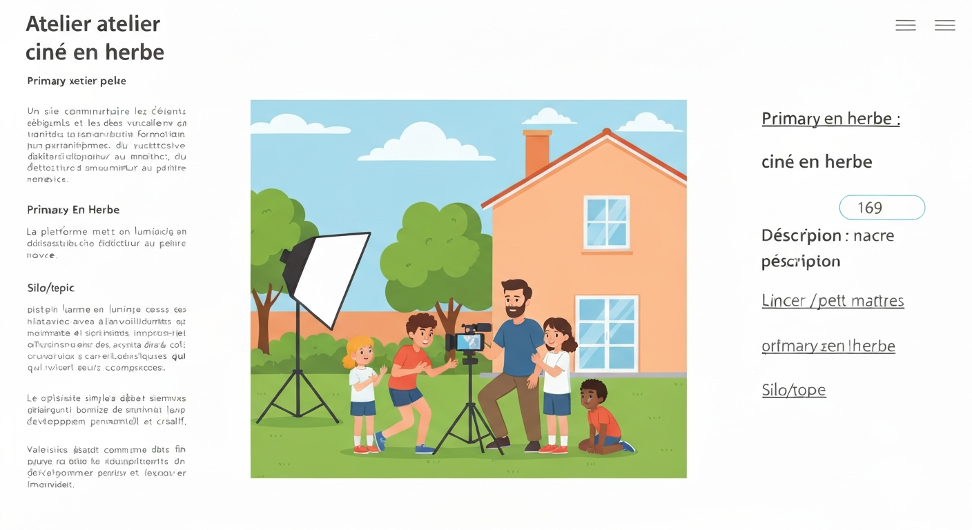 Illustration d'un atelier scolaire de cinéma : enfants et animateur filmant avec smartphone sur trépied et matériel simple.