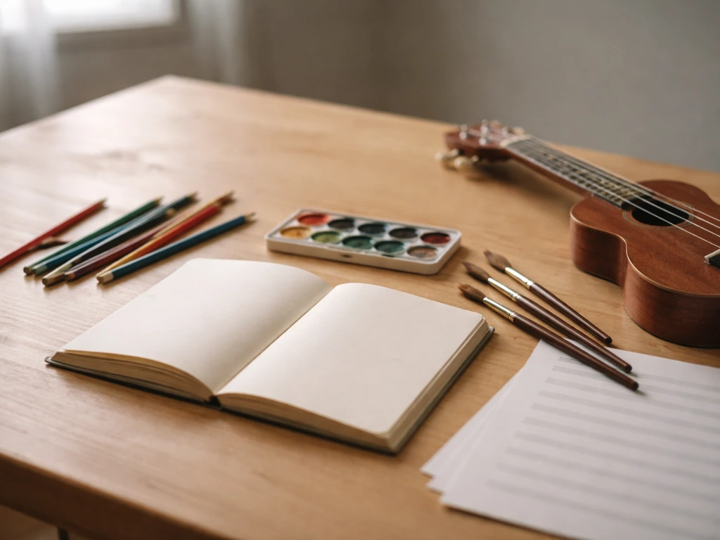 Table avec carnet, crayons, pinceaux et petit instrument, prêt à tester différentes disciplines