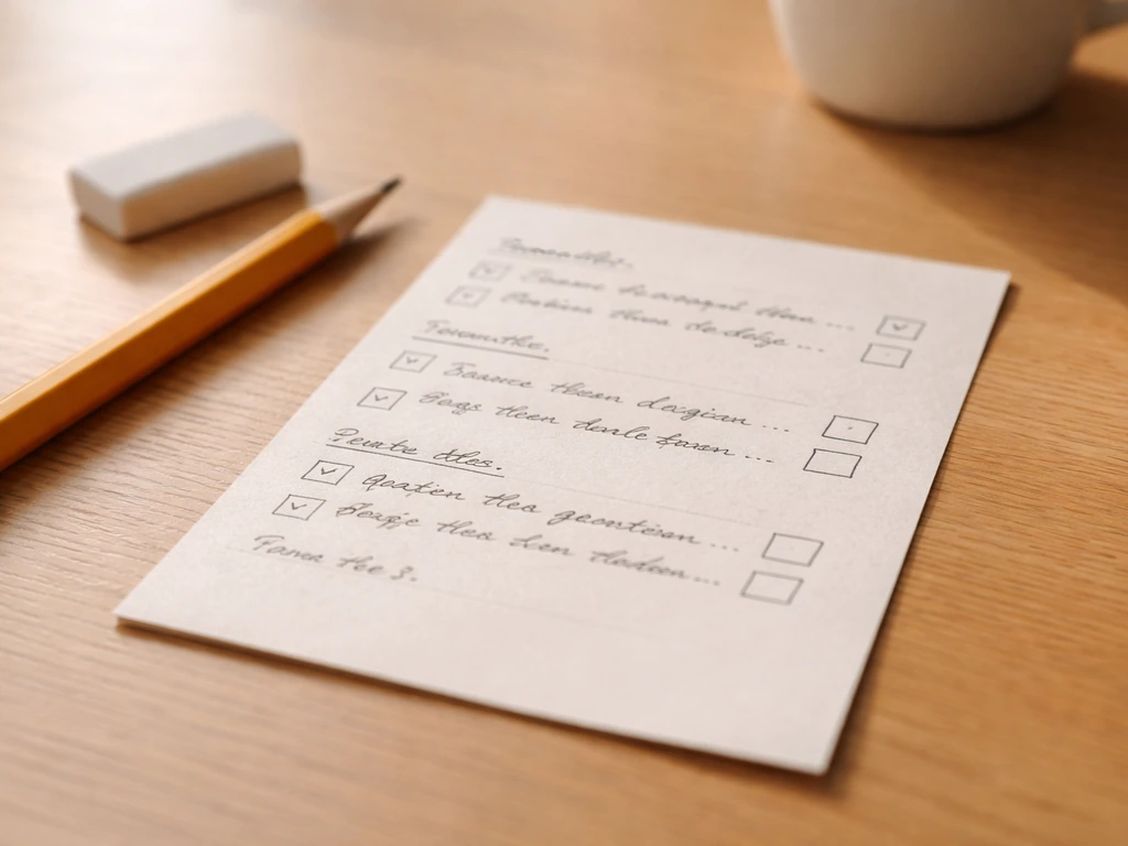 Liste manuscrite d’objectifs datés avec cases à cocher sur une feuille, crayon et bureau en bois clair.