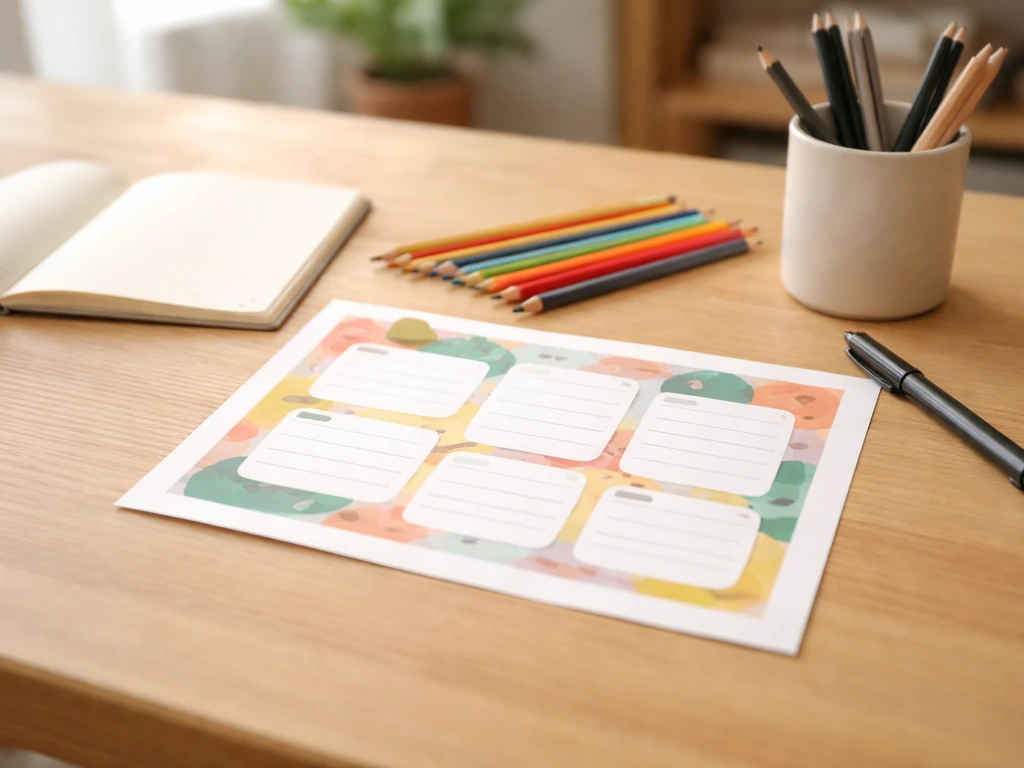 Programmation d’un atelier associatif sur une table en bois avec carnet et crayons, lumière naturelle.