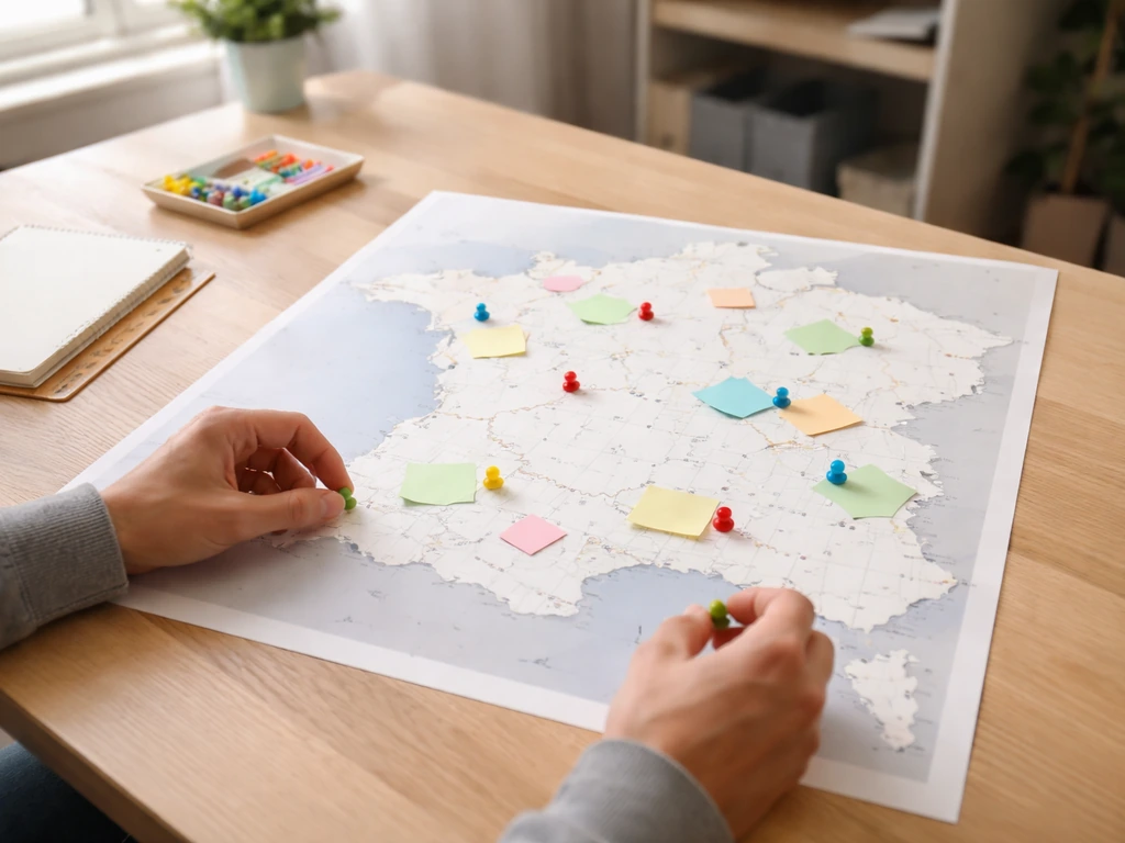 Carte de France sur un bureau avec repères et bulles, ambiance bureau minimaliste de cartographie.
