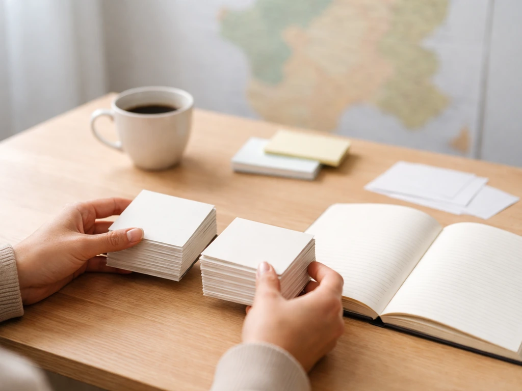 Mains anonymes sur un bureau avec fiches et carnet, arrière-plan flou évoquant une répartition et des ressources.