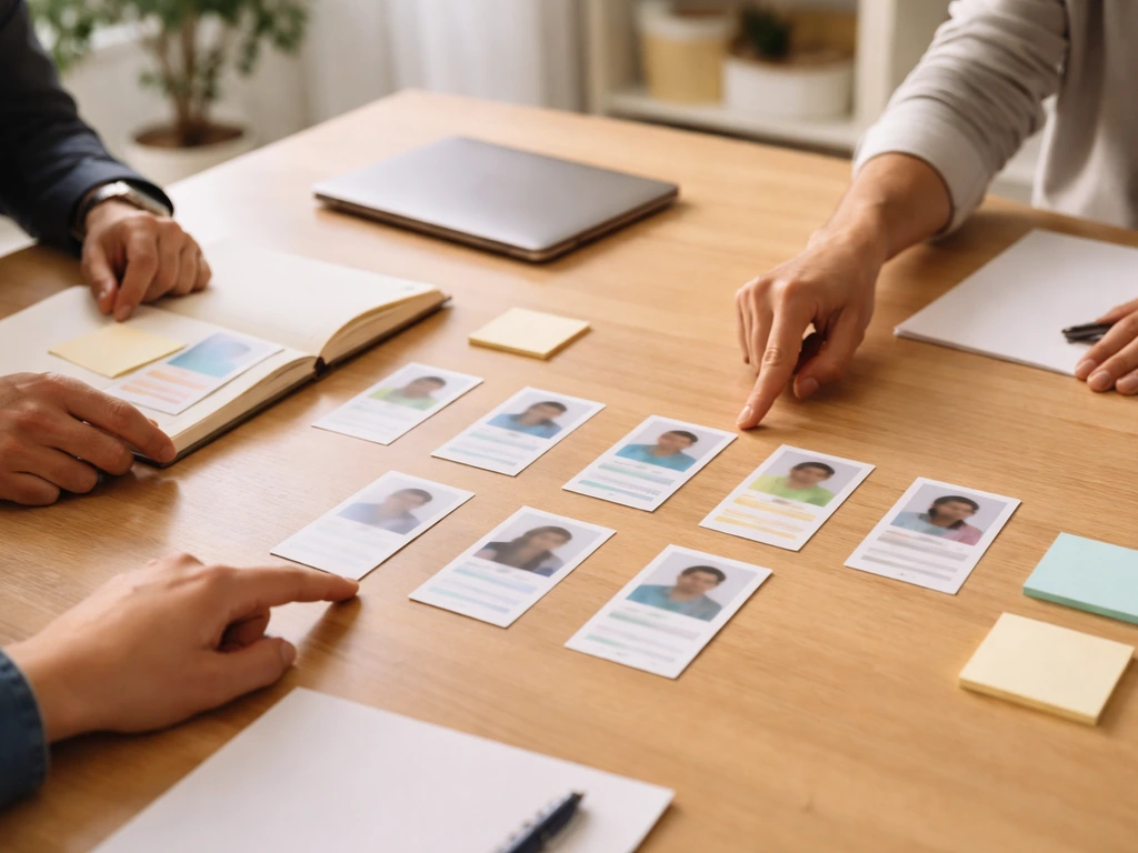 Des mains anonymes alignent des cartes sur une table, préparation d’un matching selon les besoins.