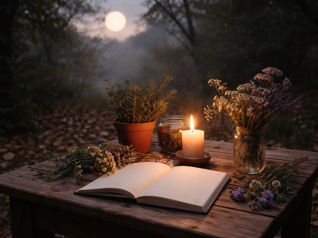 Table en bois au crépuscule avec bougie, carnet vierge et plantes, pleine lune au fond, ambiance apaisante.
