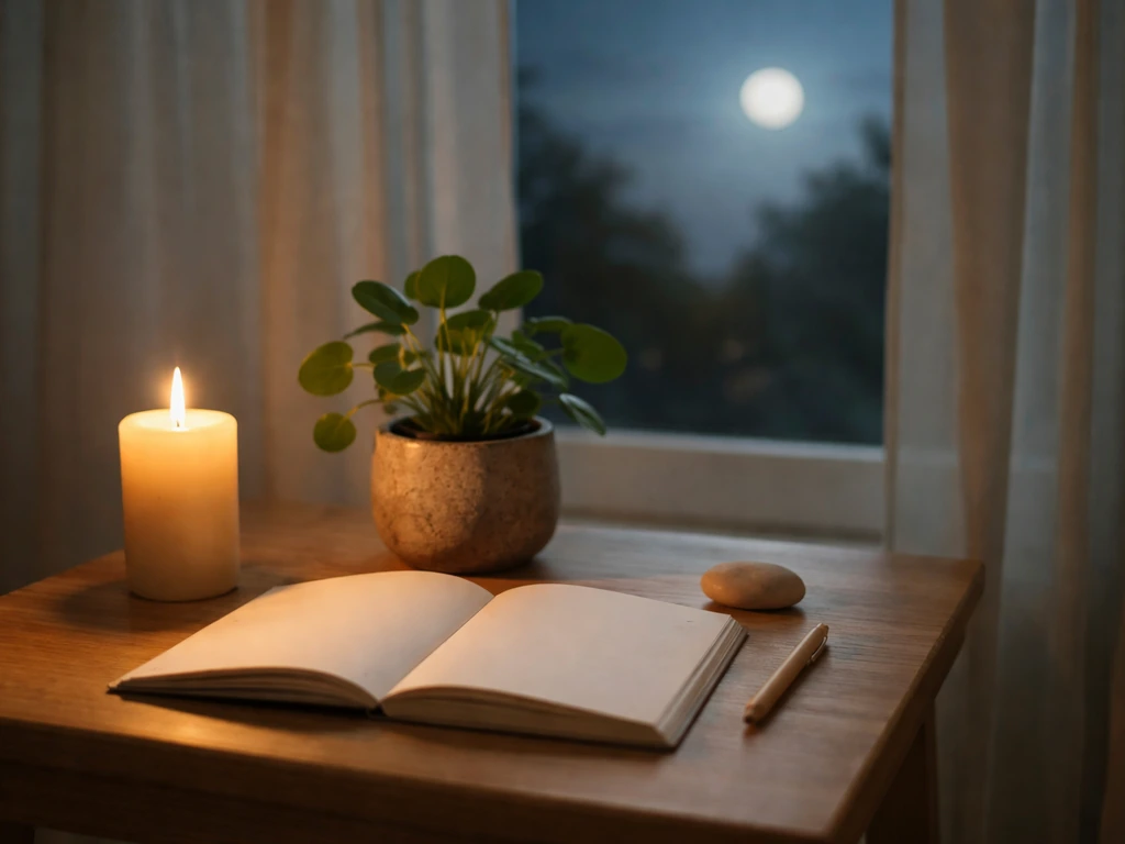 Table intime avec bougie et plante, un carnet ouvert et une phase de lune en arrière-plan, ambiance d’éveil