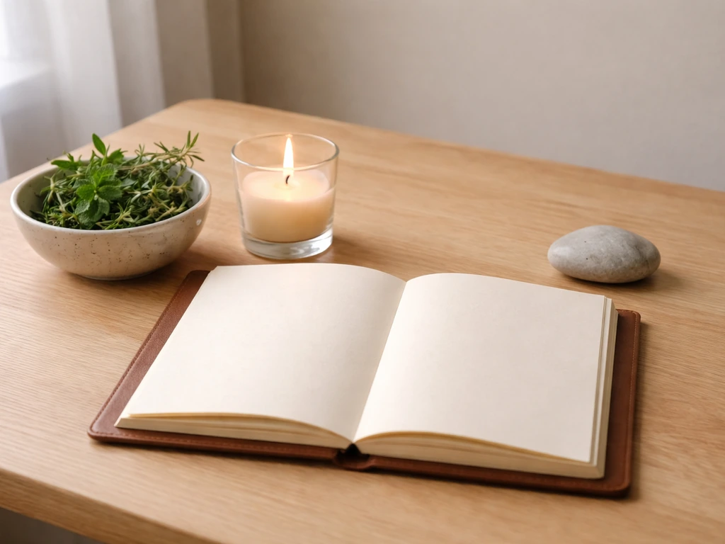 Kit de démarrage minimaliste : carnet ouvert, bougie allumée, herbes et petite pierre sur une table en bois.