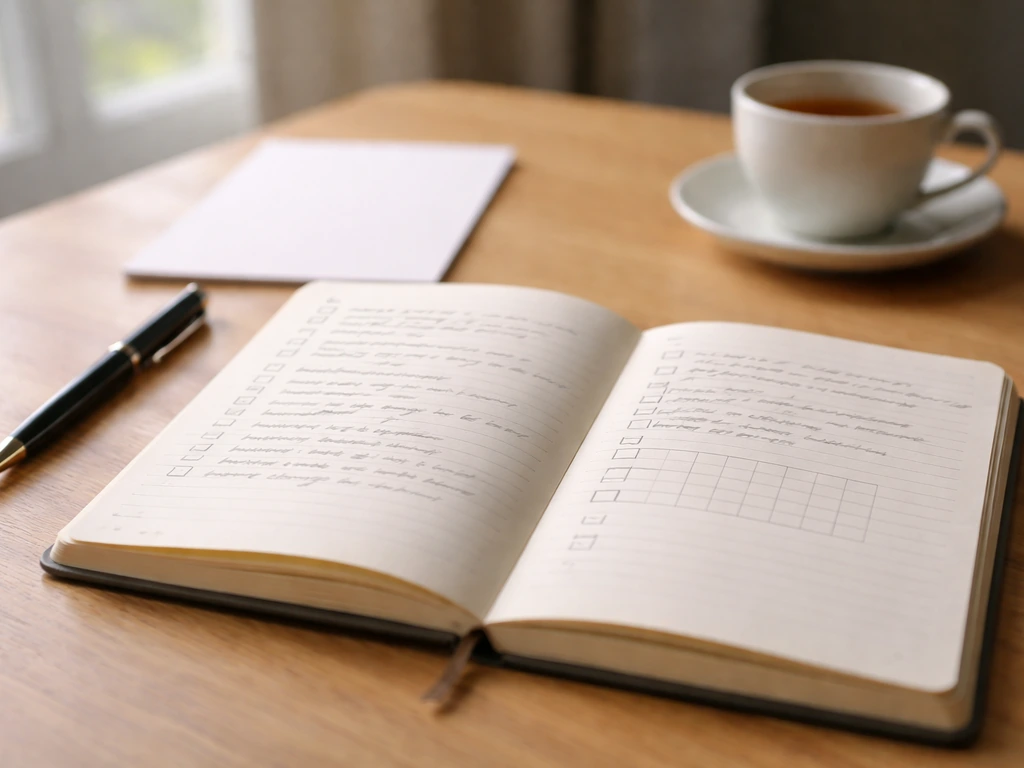 Carnet ouvert sur une table avec pages de journal, notes manuscrites et petit système de suivi éthique.