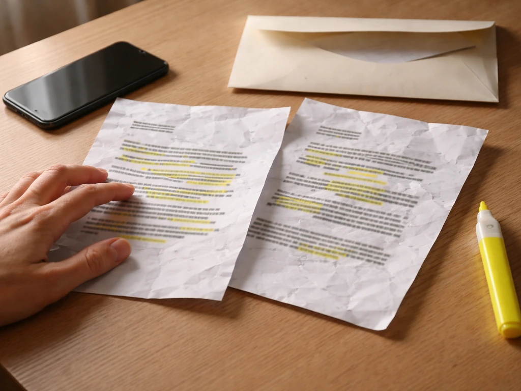 Table avec des emails et brochures d’arnaque stylisés, mentions floutées, ambiance d’alerte et de vigilance.