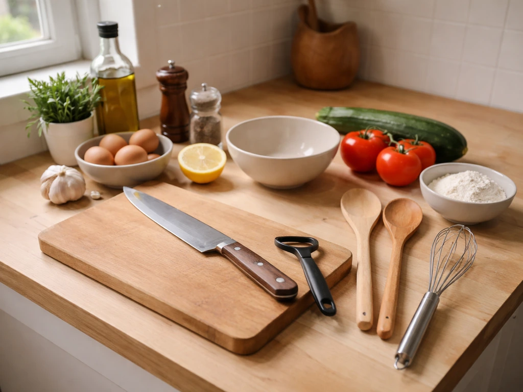 Plan de travail de cuisine avec ustensiles essentiels et ingrédients simples, ambiance motivante pour débuter.