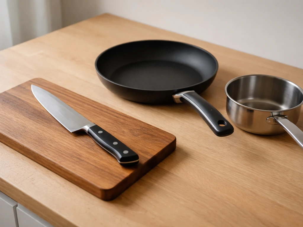 Couteau de chef, planche à découper, poêle antiadhésive et casserole posés sur un plan de travail clair.