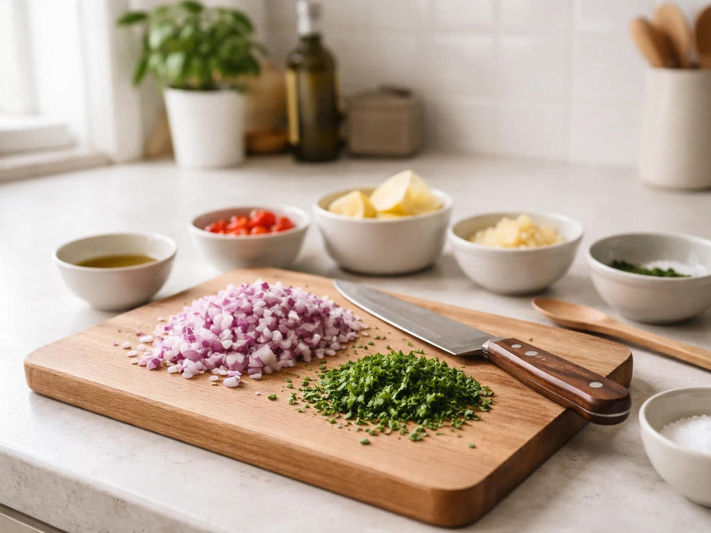 Plan de travail de cuisine avec ingrédients émincés et récipients prêts avant la cuisson