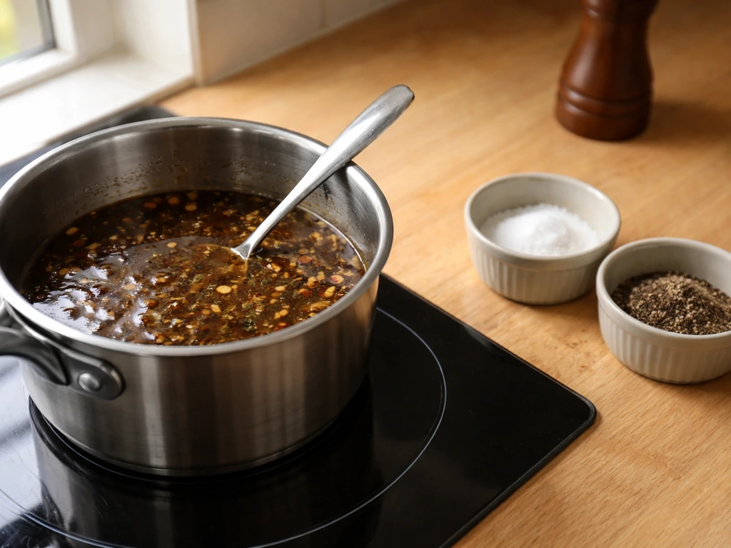 Petite cuillère au-dessus d’une casserole mijotante, ramequins de sel et poivre sur un plan de travail, sans personne.