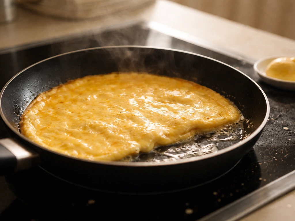 Omelette dorée en train de prendre dans une poêle antiadhésive, dans une cuisine lumineuse