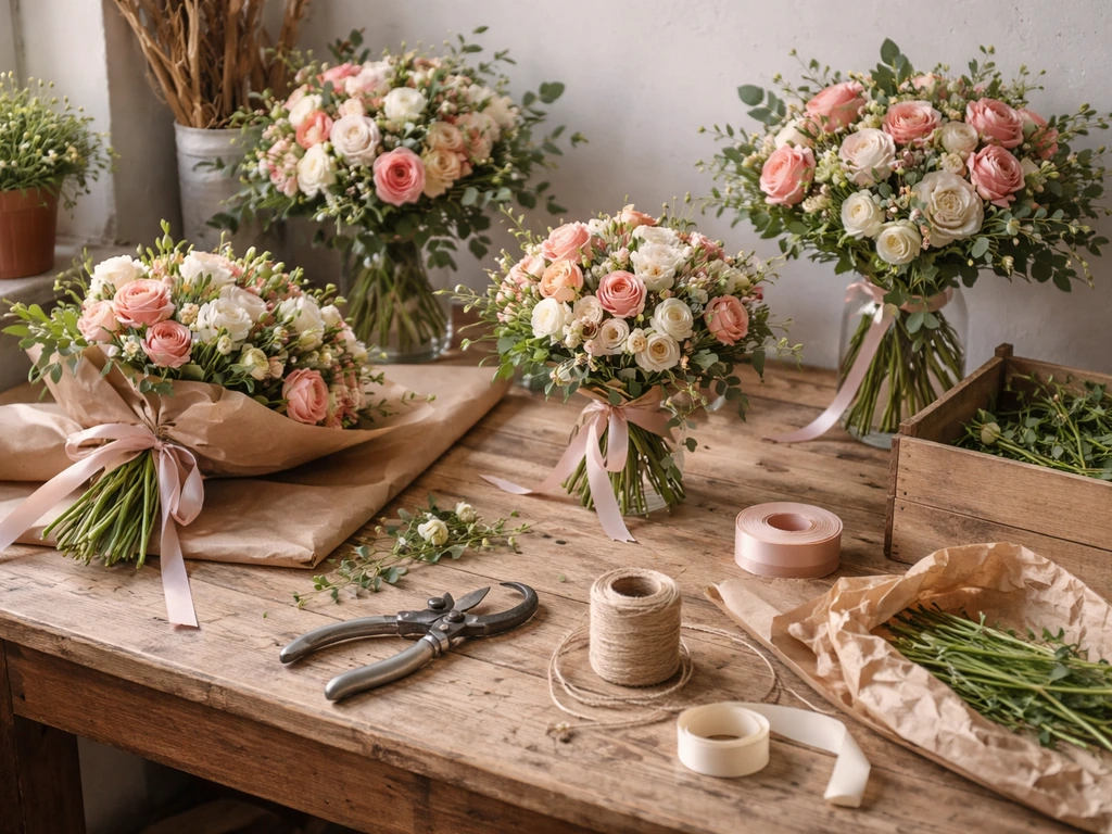 Étal de fleuriste en herbe : fleurs fraîches, rubans et sécateur sur une table en atelier, ambiance chaleureuse.