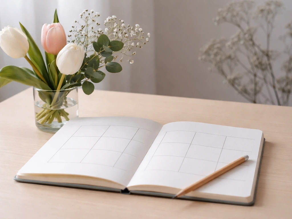 Carnet et calendrier vierge de 8 cases à côté d’un petit bouquet de fleurs fraîches, lumière naturelle.