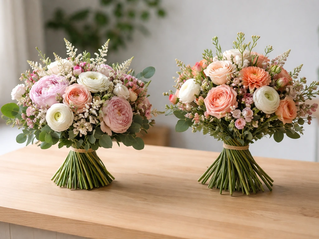 Deux bouquets de fleurs côte à côte, l’un rond et l’autre en spirale, pour comparer la tenue des tiges.