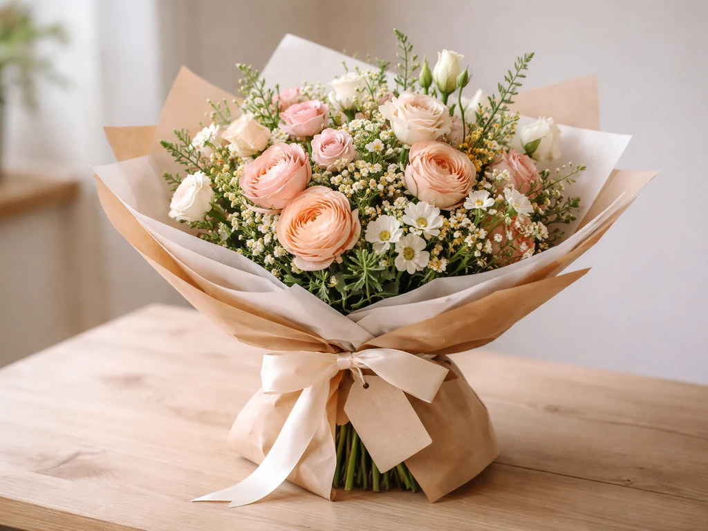 Bouquet bien emballé prêt à offrir, papier et ruban, posé sur une table de remise