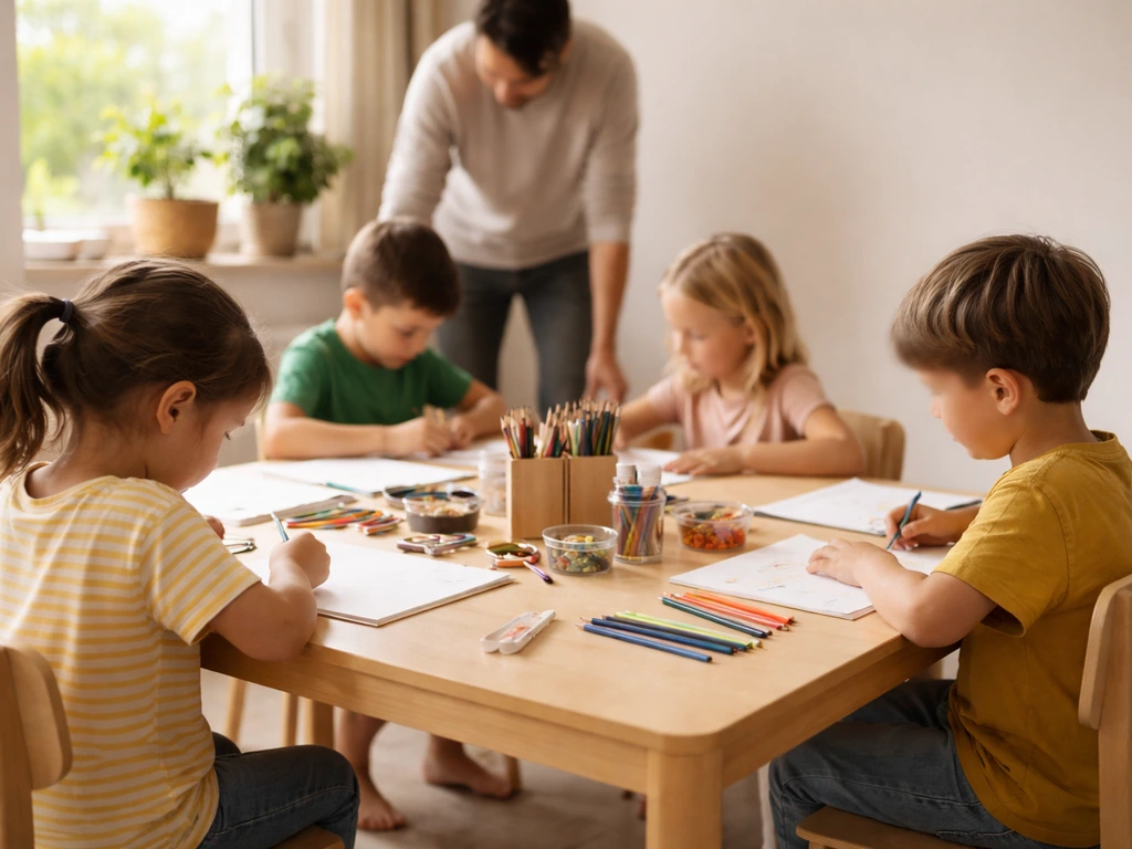 Enfants en premier atelier en herbe autour d’une table en bois, ambiance bienveillante, lumière naturelle.