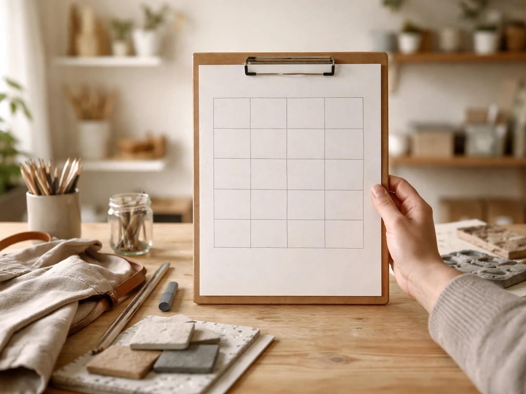 Table d’atelier avec ardoise vierge et cases au crayon pour évoquer une checklist de critères.