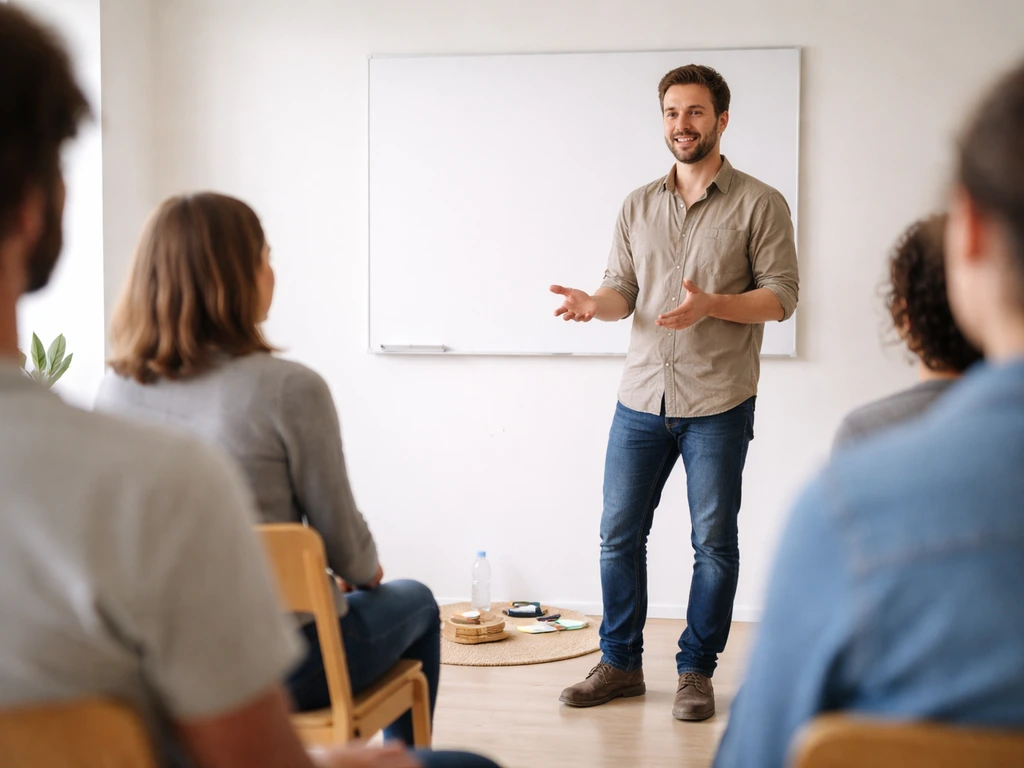 Animateur encadrant une initiation, guidant un petit groupe dans une salle claire, ambiance bienveillante.