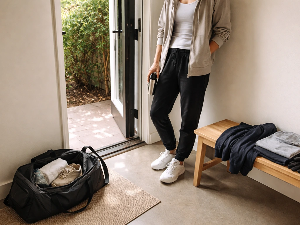 Sac de sport préparé avec tenue et accessoires près d’une porte, ambiance prête pour la première séance.