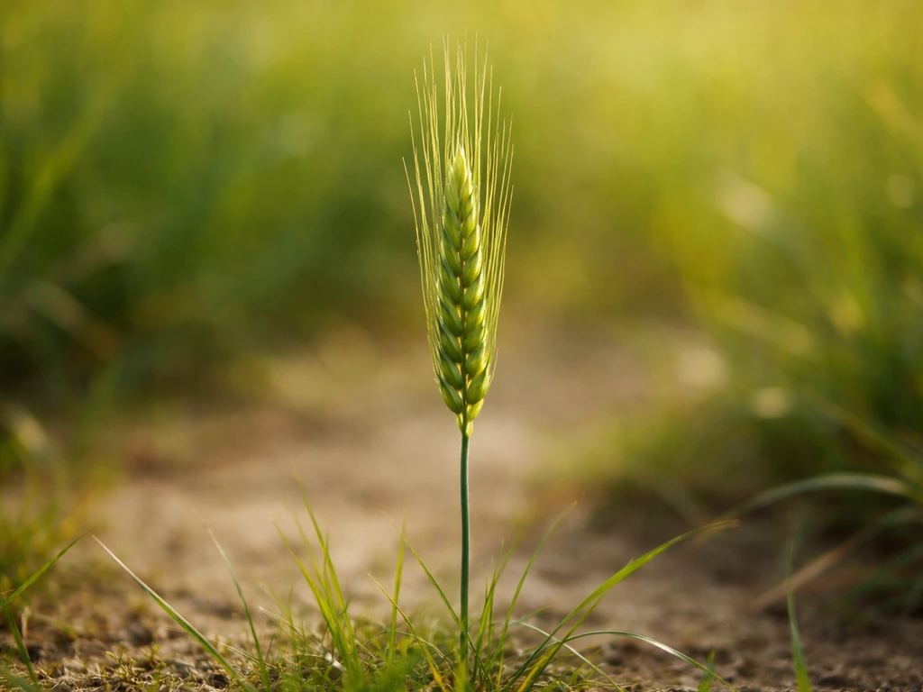 Jeune épi de blé vert encore sans grains dans un champ au lever du soleil, symbole de potentiel