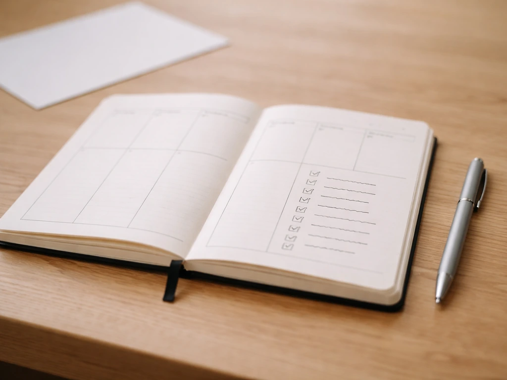 Petit carnet et grille d’objectifs avec un objectif hebdomadaire coché, éclairage naturel, ambiance calme.