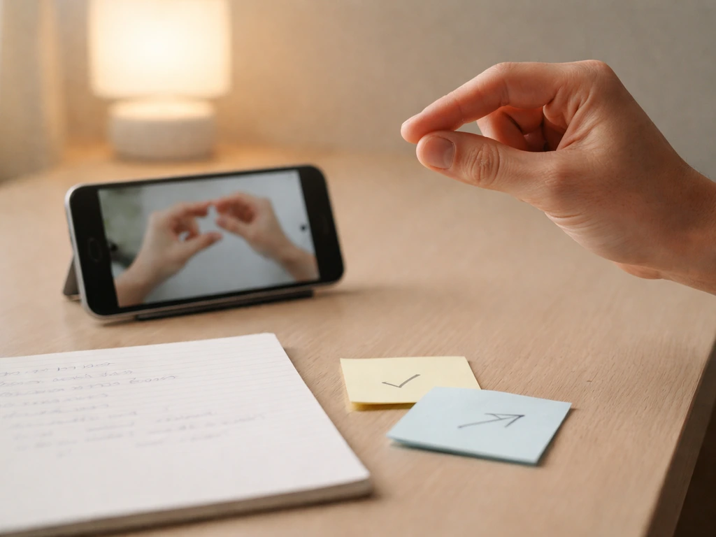 Une main s’entraîne sur une table avec un smartphone en mode tutoriel et des post-it de feedback.