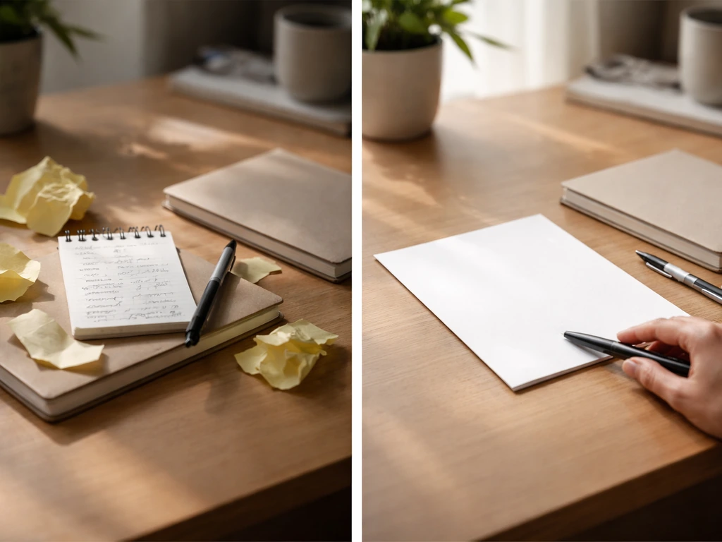 Bureau minimal : côté désordre et post-it froissés face à un côté organisé avec cahier fermé et stylo bien posé.