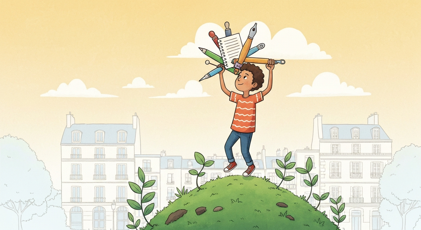 Enfant « champion en herbe » debout sur une butte d'herbe avec outils symboliques (raquette, pinceau, carnet) et jeunes pousses autour, style chaleureux et inspirant.