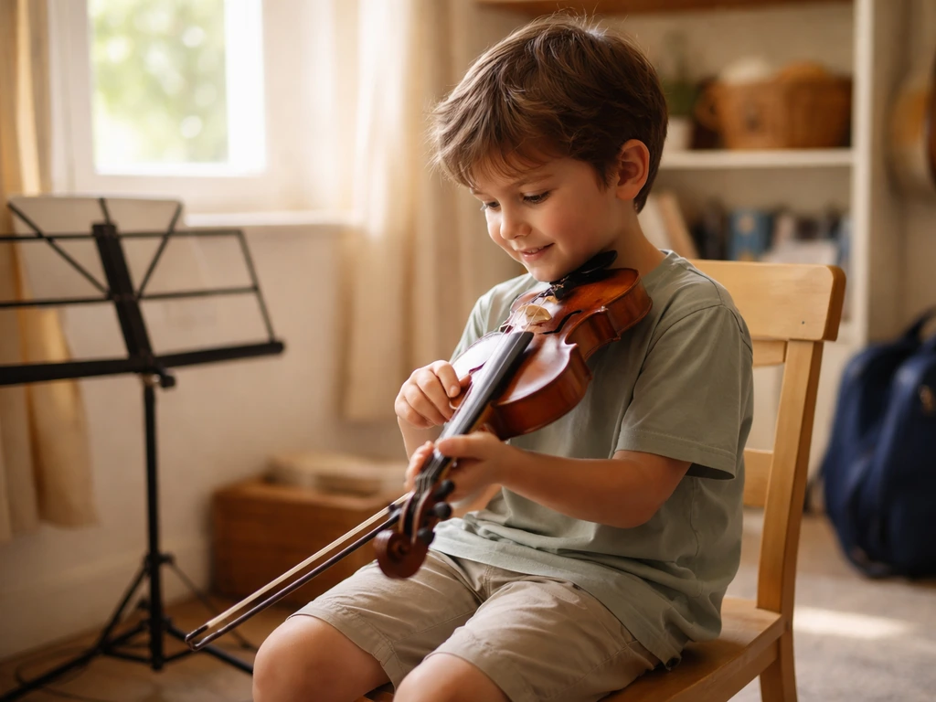 Un jeune musicien en herbe essaie un violon dans un atelier chaleureux, concentré et enthousiaste.
