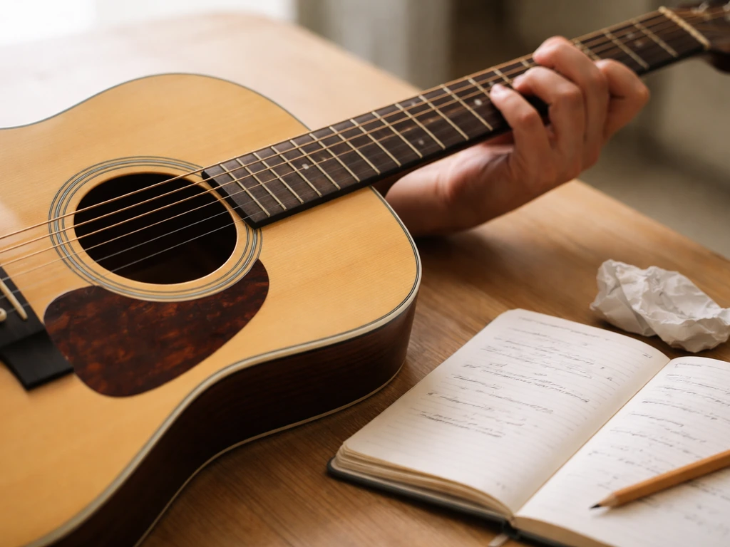 Guitare acoustique en gros plan, accords ouverts, avec un petit mémo manuscrit de trajectoire d’apprentissage.