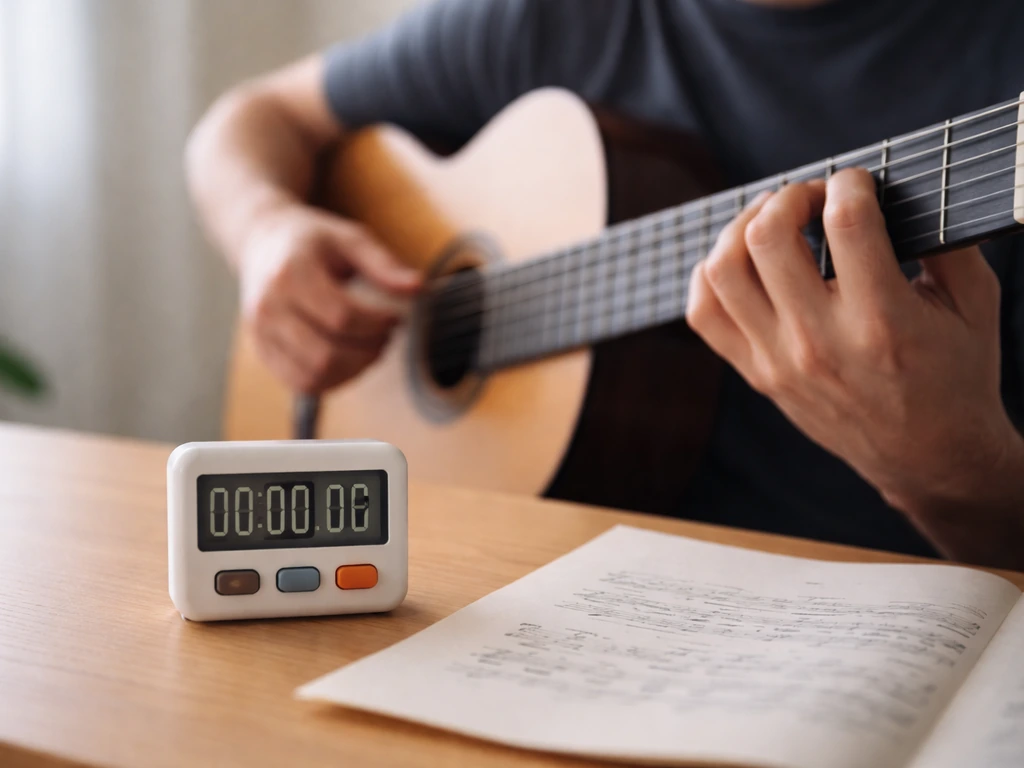 Mains en train d’échauffer sur une guitare, chronomètre visible sur un bureau, ambiance simple et lumineuse.