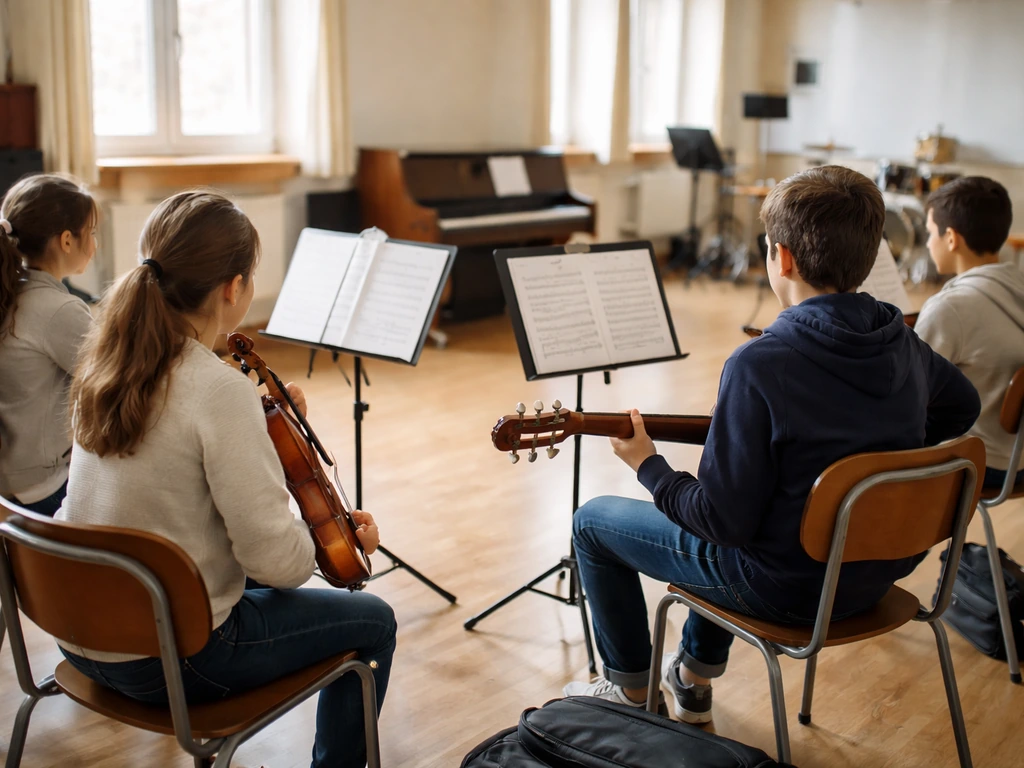 Salle de cours de musique municipale avec un petit groupe autour d’instruments et de pupitres.